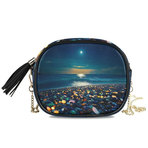 Womens Casual Chain Shoulder Bag Simple style Colorful Stones on Moonlit Beach Crossbody Bag