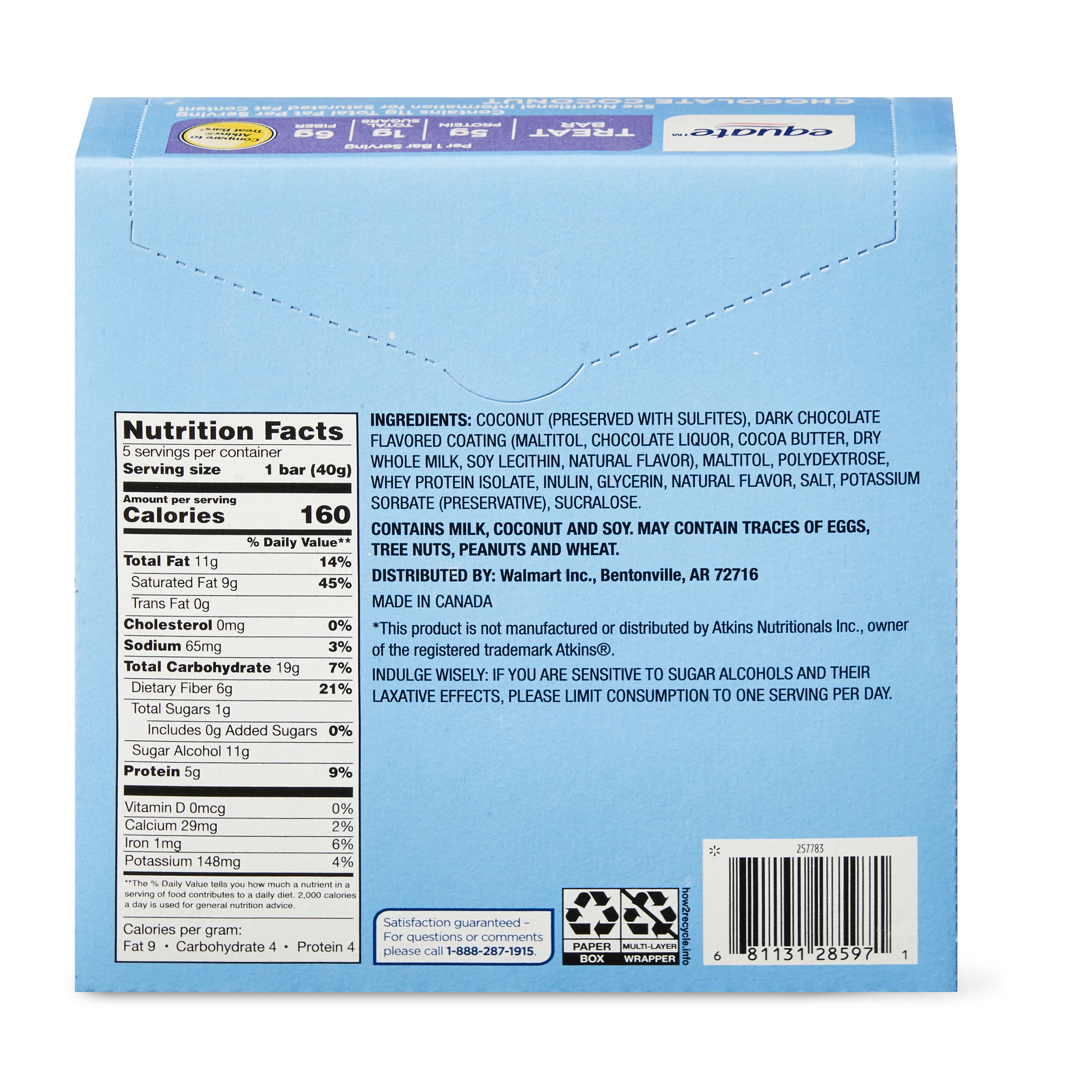 Equate Chocolate Coconut Treat Bar, 7.05 oz, 5 Count