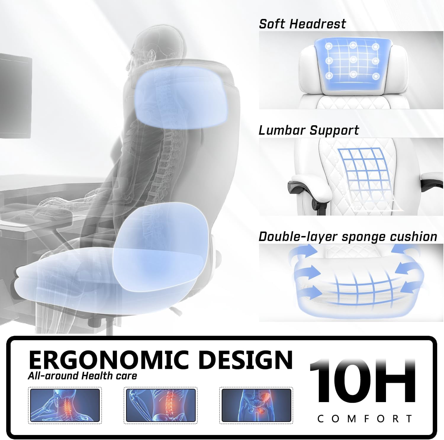 Big and Tall Office Chair 400lbs Capacity, Ergonomic Executive Chair with Linkage Armrests, Adjustable Headrest, Retractable Footrest & Lumbar Support, High Back PU Leather Desk Chair,White