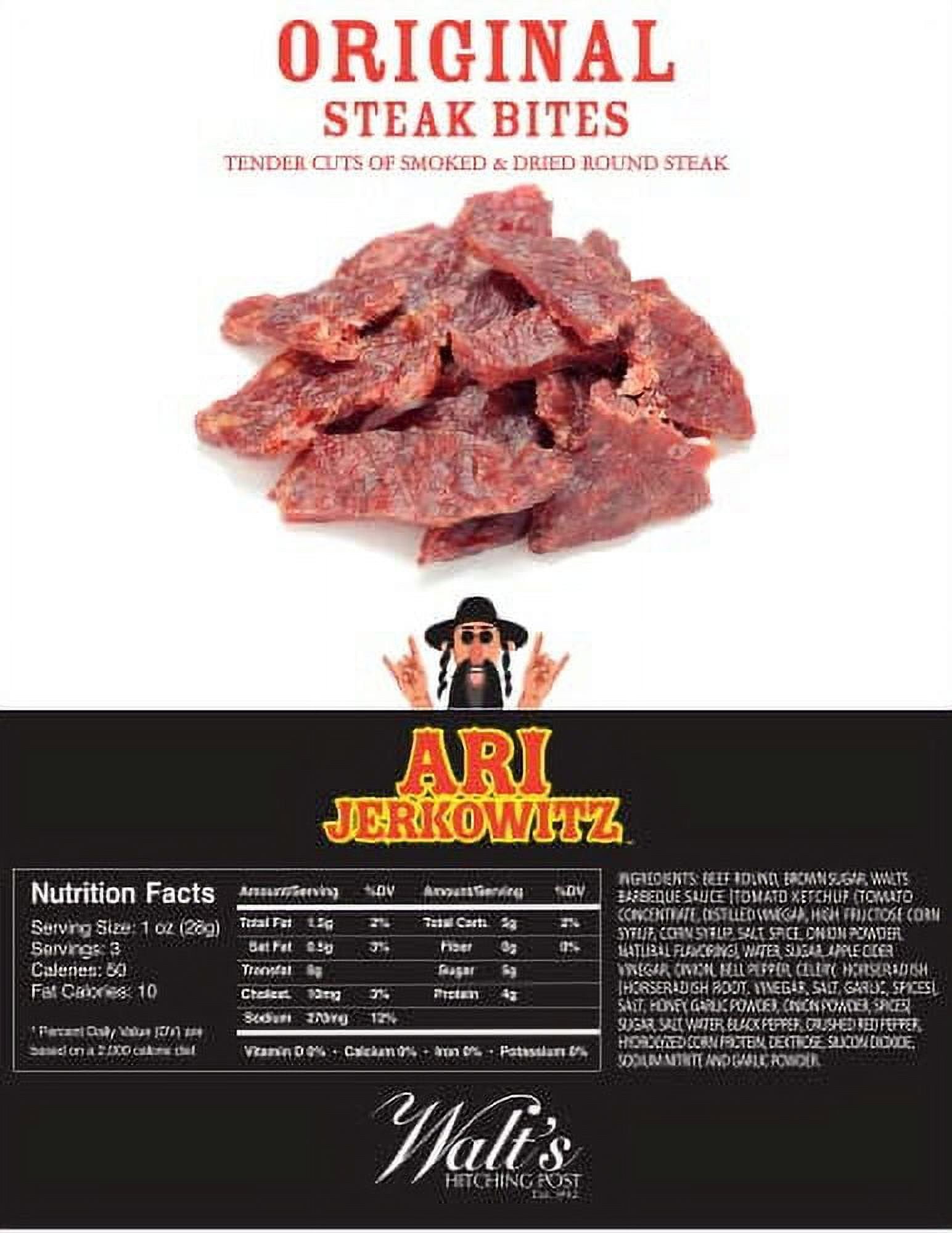 Ari Jerkowitz Original Steak Bites by Walt's Hitching Post Tender Cuts of Smoked & Dried Round Steak Beef Jerky 3 oz Bag - 6 Bags