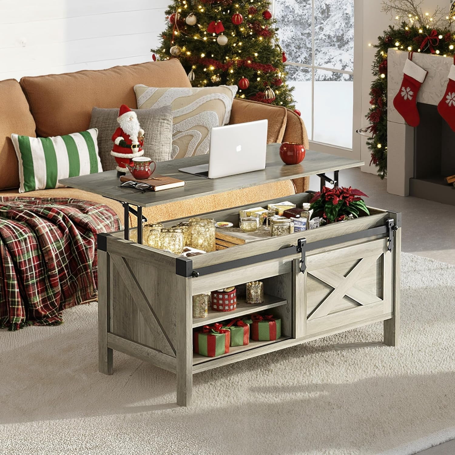 GALAXHERO 39.4" Farmhouse Large Coffee Table Lift Top Coffee Table with Hidden Storage Compartment Sliding Barn Doors Modern Wood Center Table for Living Room Grey