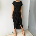 thumbnail image 2 of Pompotops Women's Solid Color Casual Short-Sleeved Lace-Up O-Neck Slit Irregular Dress, 2 of 5