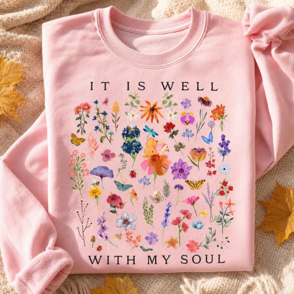 Christian Shirt, It Is Well With My Soul Floral Sweatshirt, Colorful Wildflower Faith Hoodie, Inspirational Religious Gift for Women
