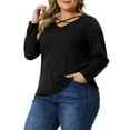 thumbnail image 4 of Agnes Orinda Women's Plus Size Tops Tshirts Cross V Neck Casual Long Sleeves Blouse Top 1X Black, 4 of 6