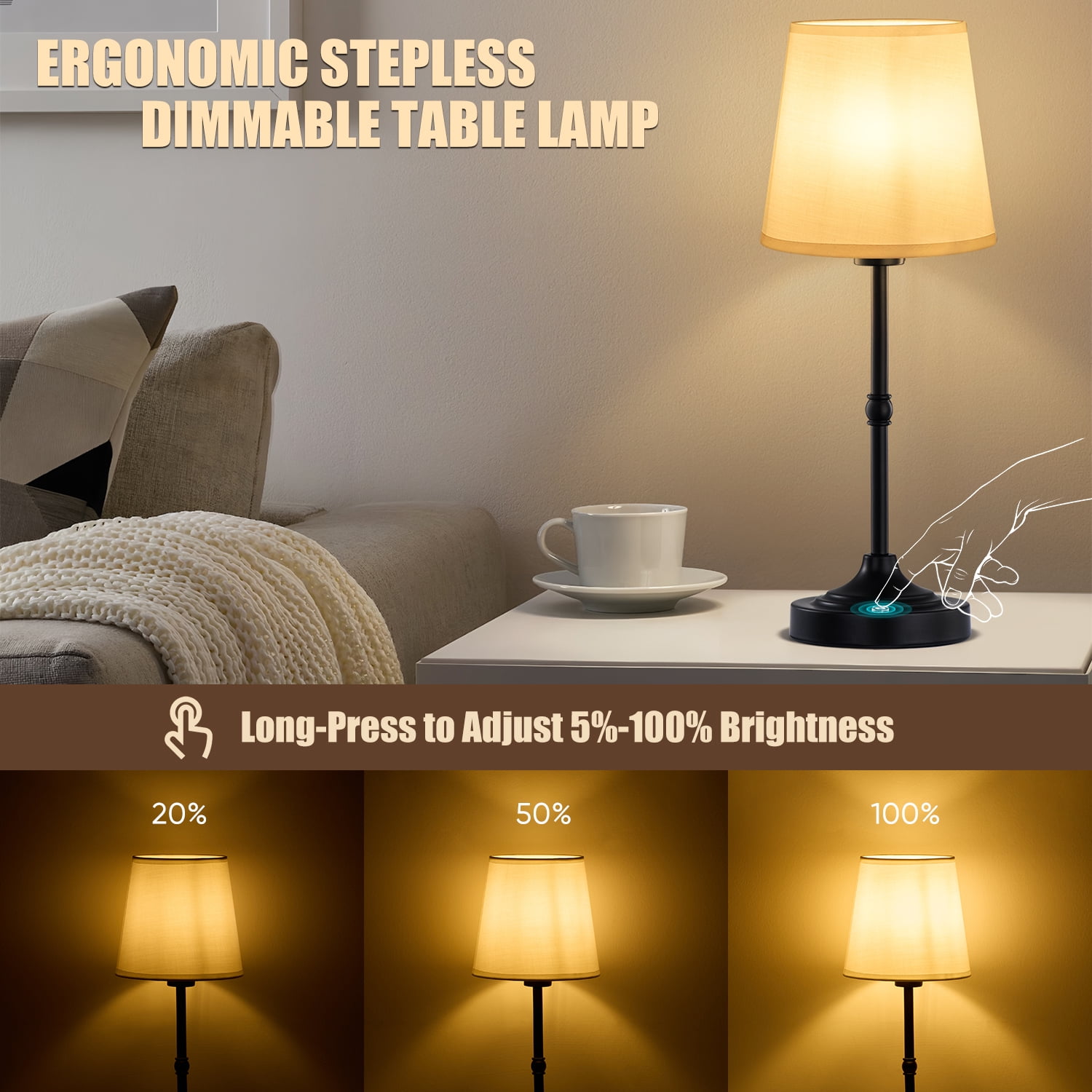 Coliware Black Cordless Table Lamp, Rechargeable Battery Operated Lamps, Stepless Dimming Touch Control Wireless Lamp, Vintage Decor Night Light for Bedroom, Bedside, Bar, Balcony, LED Bulb Included