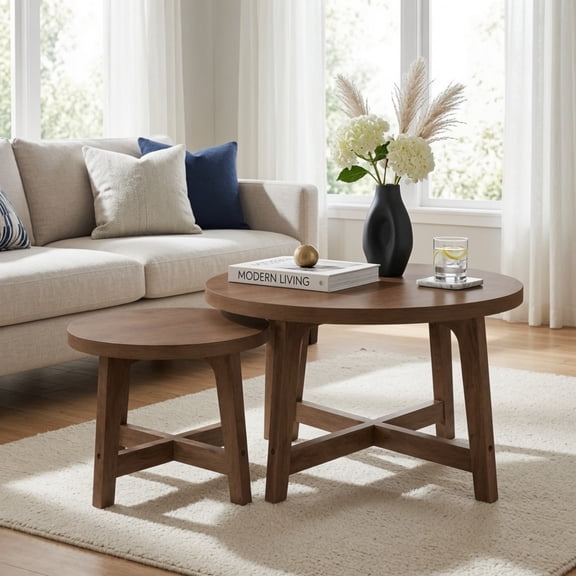 Set of 2 Round Nesting Coffee Tables with X-Shaped Frame – Stackable End Tables, Walnut tone Finish