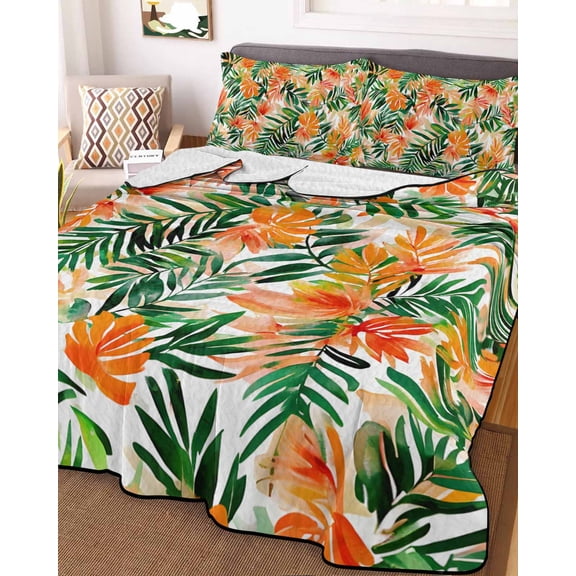 Orange Green Tropical Leaves Queen Size Down Alternative Comforter, Lightweight Comforter Quilt Bedding Set with Pillow Shams Summer Palm Floral All Seasons Bed Comforter Duvet Insert 90"x96"