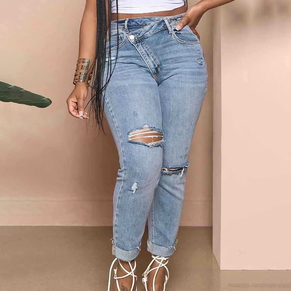 YanHoo Women's High Waisted Casual Jeans Ripped Vintage Washed Denim Pants with Cuffed Hem Pull On Trendy Jeans with Pockets Light Blue,XL