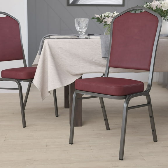 Emma Oliver Crown Back Banquet Chair, Burgundy Vinyl/Silver Vein Frame