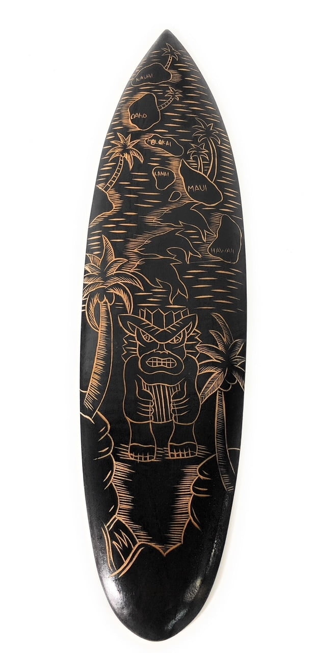 Wooden Surfboard w/ Hawaiian Islands & Tiki 24" erb26004