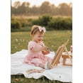 thumbnail image 6 of BemeyourBBs Kids Toddler Baby Girls Summer Smocked Dress Little Girl Cotton Linen Outfit Bow Print Short Sleeve Square Neck Ruffle Dress and Headband Set, 6 of 9