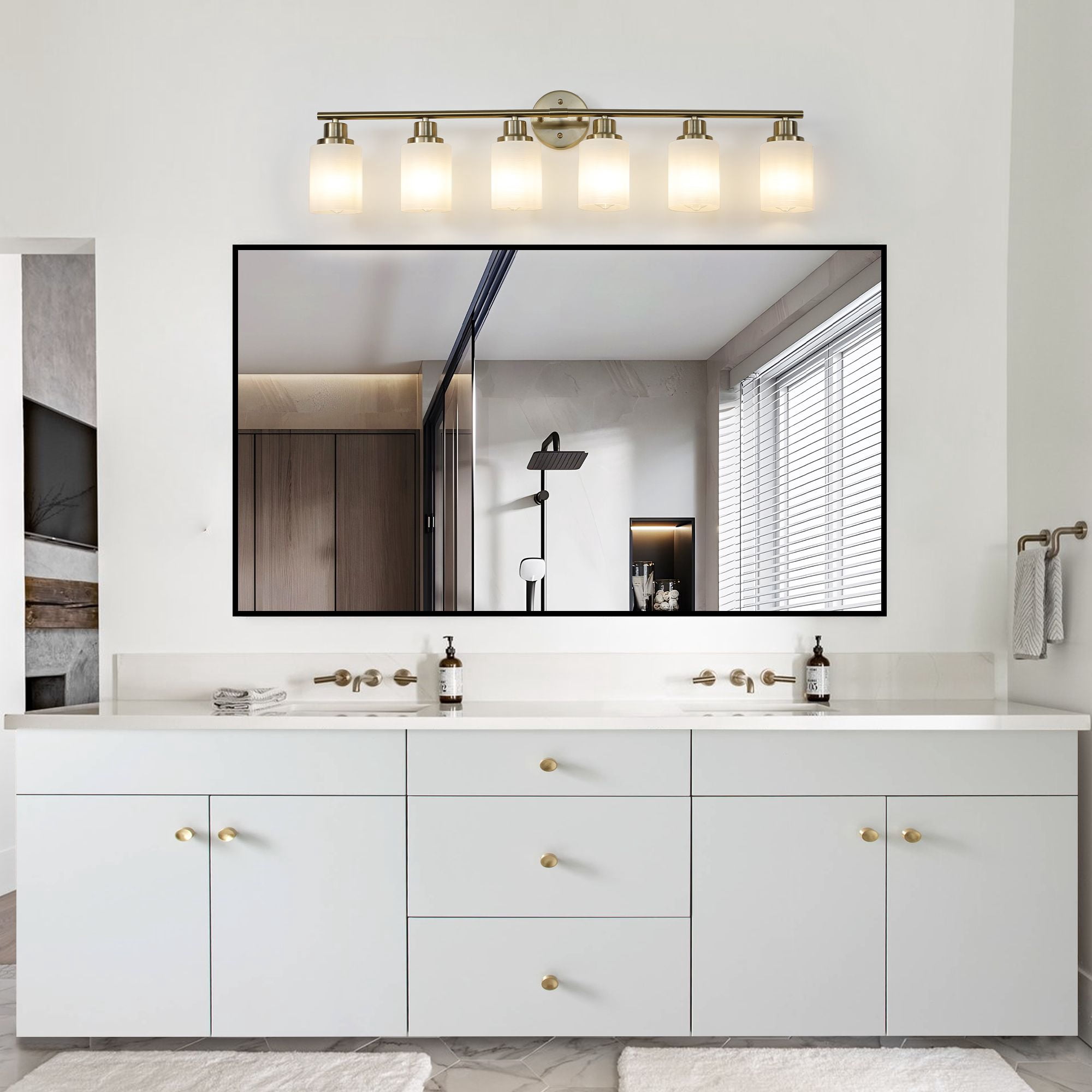 39 Inch Modern 6-Light Vanity Wall Sconce, Gold Finish Bathroom Light Fixture with Frosted Glass Shades, Hardwired Mirror Lighting for Bathroom Vanity or Hallway, Bulbs Not Included
