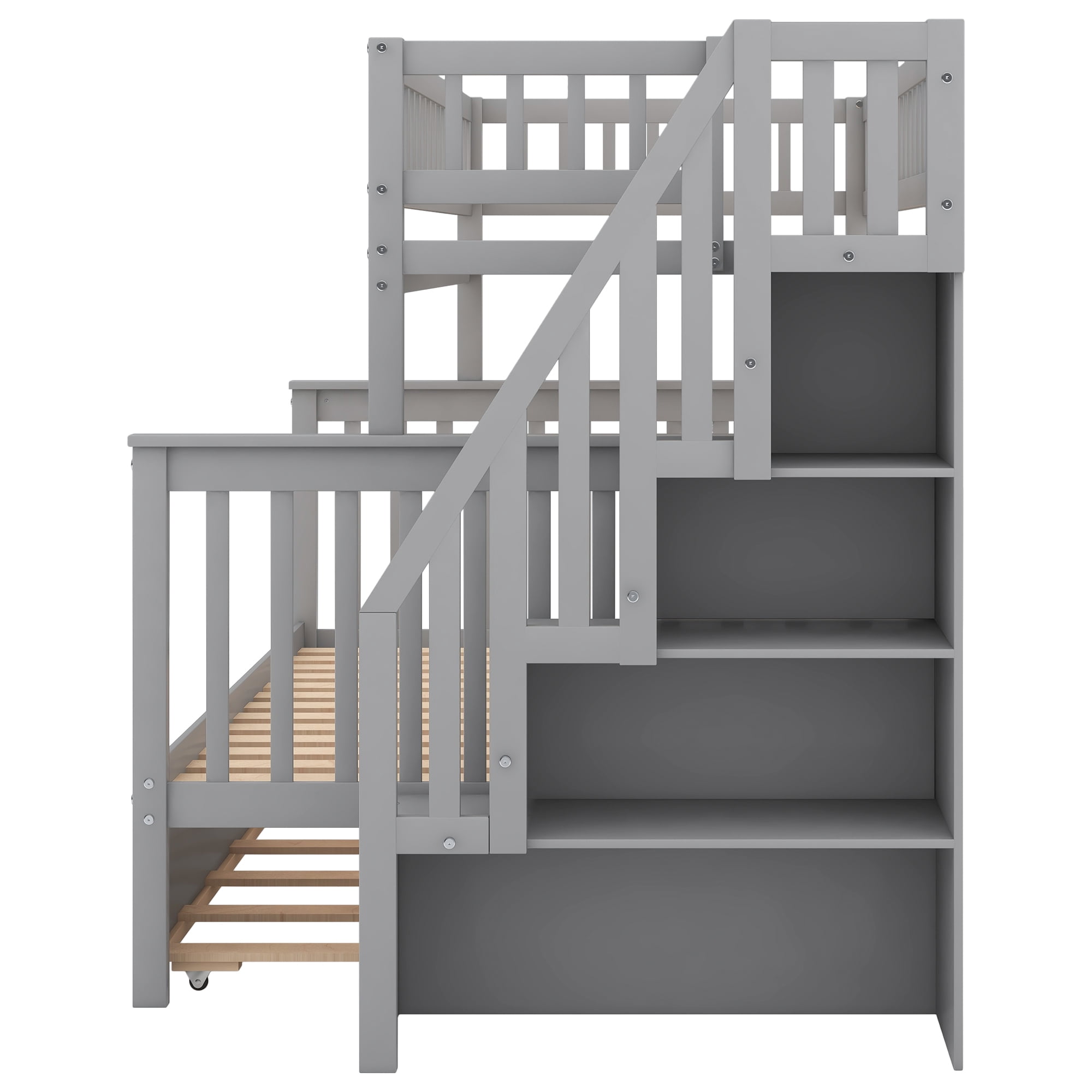 EUROCO Twin over Full Bunk Bed with Twin Trundle Bed and Storage Shelves for Kids, Three Beds with Storage for Kids Teens Adults, Gray