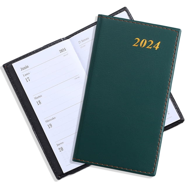 Planificador 2024 (7'' x 3,9''), organizador mensual semanal y diario para gestión del tiempo, cubierta de cuero suave, verde