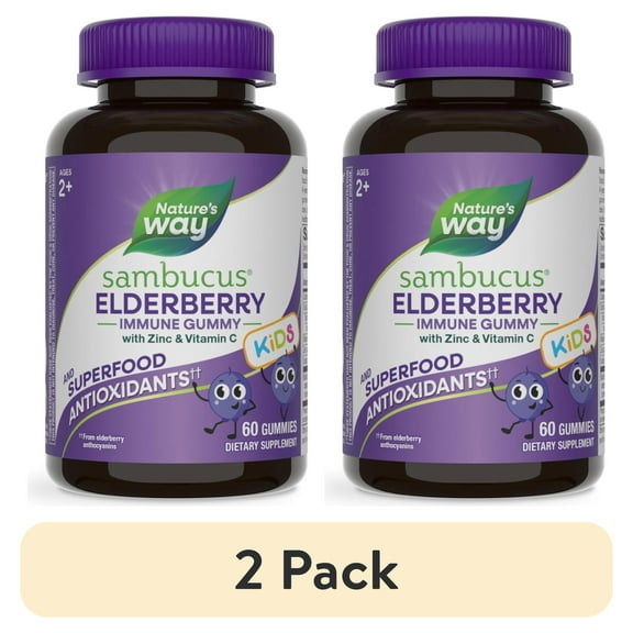 (2 pack) Nature’s Way Sambucus Immune Gummies for Kids, with Elderberry, Vitamin C and Zinc, Unisex, 60 Count