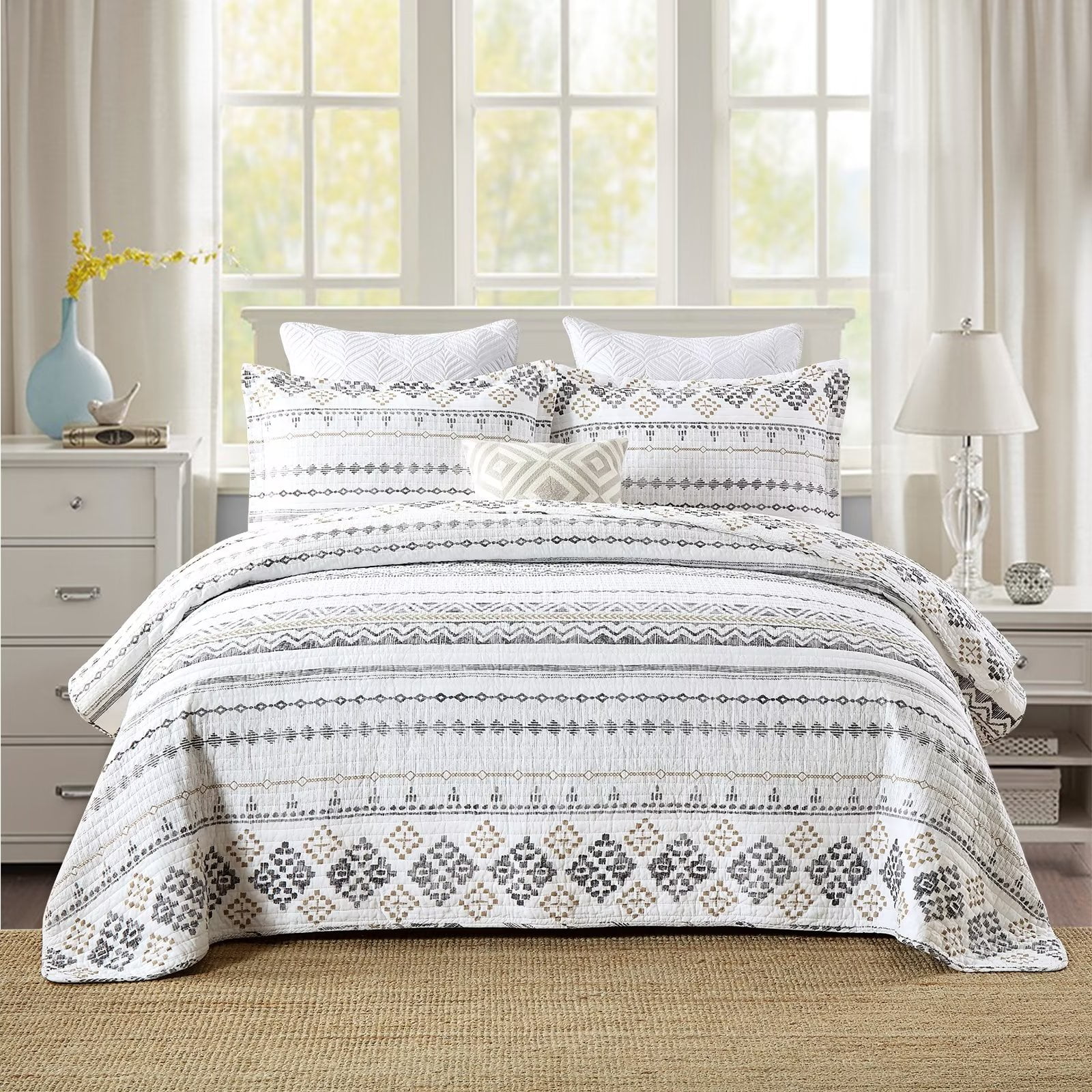 Bedduvit 100 Cotton Queen Size Quilt Set Bohemian White Geometric