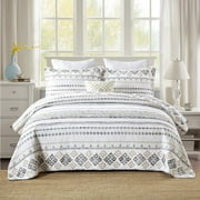 Bedduvit 100% Cotton King Size Quilt Set - Bohemian White & Charcoal Geometric Striped Quilt King, Boho Breathable Bedspread for All Season, 3-Piece Lightweight Summer Comforter Bedding Set, 98x106