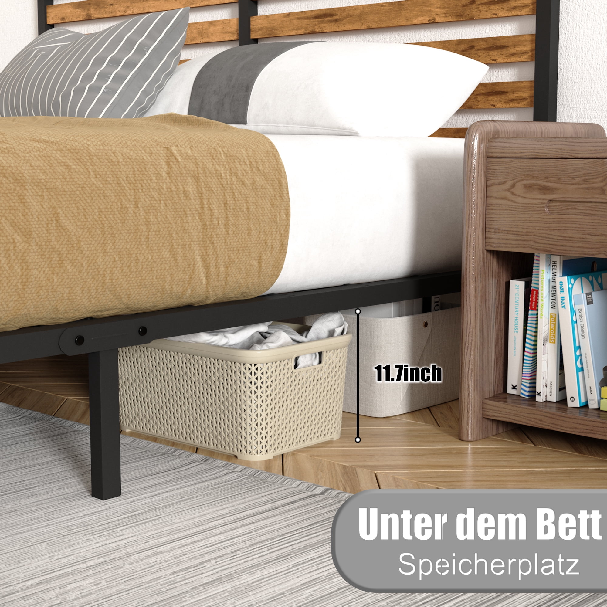 Full Size Metal Platform Bed Frame, Rustic Brown & Black Bed with Wood Headboard, Noise-Free Slat Support, Under Bed Storage Space, No Box Spring Required