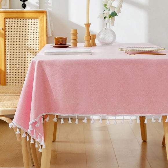 XmhyTop Washable Cotton Linen Tablecloths Dust-Proof Table Cover Fabric Tassel Tablecloth (Rectangle/Oblong, 55 x 86.6Inch, Linen,Pink)