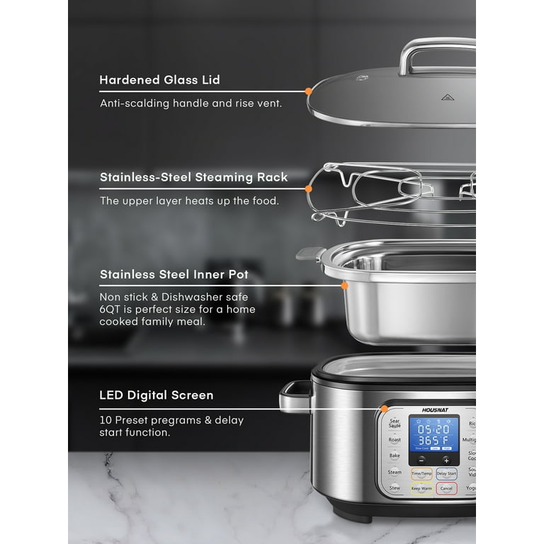 Aicook SH-MC522 Slow Cooker, 10 in 1 Programmable Cooker, 6qt Stainless Steel