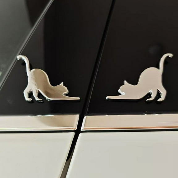 DIYSMART Cute 3D Matte Cat Decals Metal Emblems, Waterproof, 2 Pack, Silver