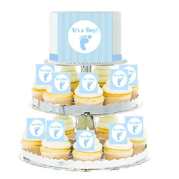 It's a Boy Footprint Stripes Edible Photo Toppers & Edible Cupcake Decoration Kit