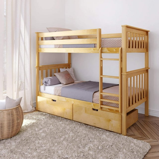 BEDSMART Lits Superposés Simple sur Simple en Bois Massif avec Rangement / Naturel