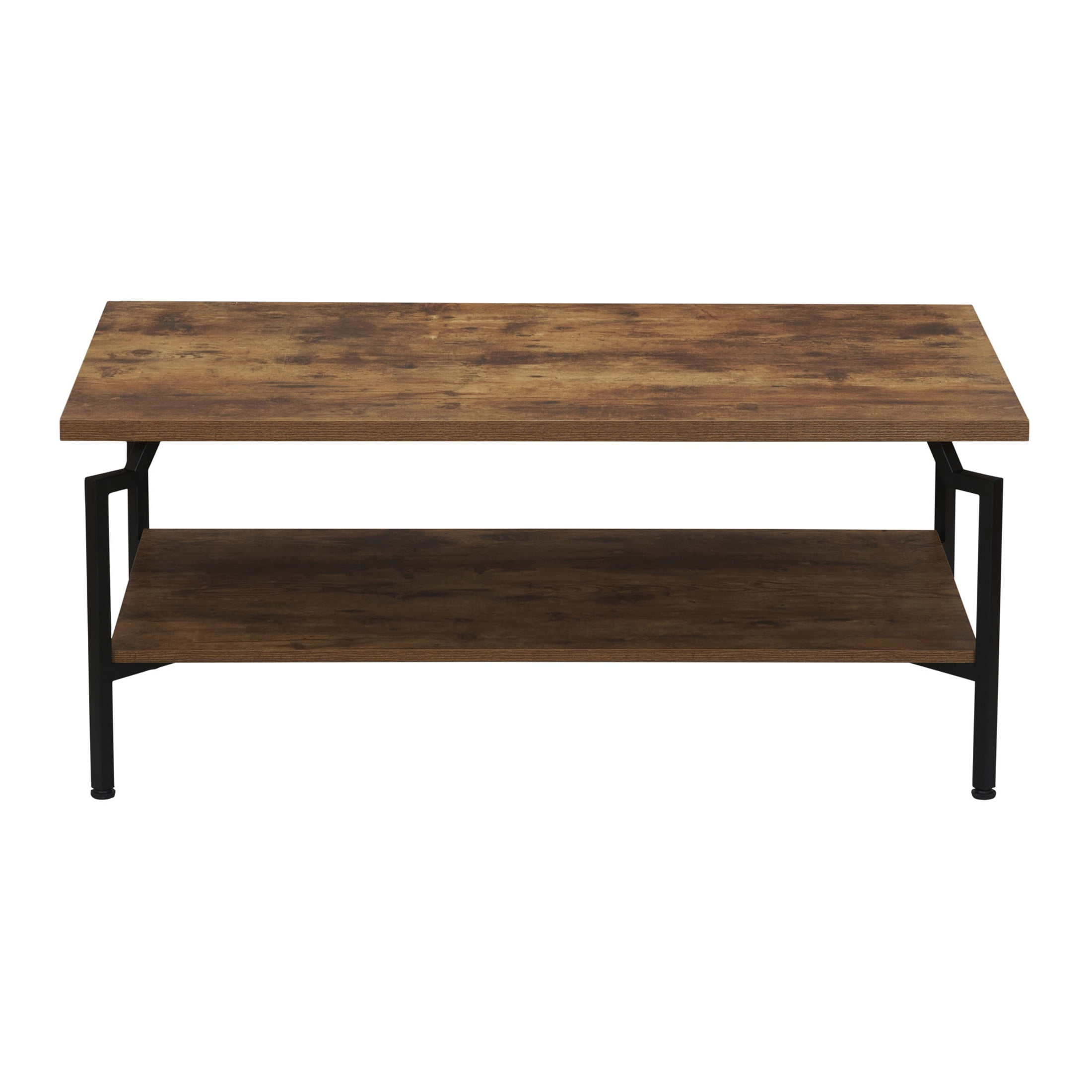 Household Essentials Crown Rectangular Coffee Table with Storage Shelf Rustic Hickory Wood Grain and Black Metal