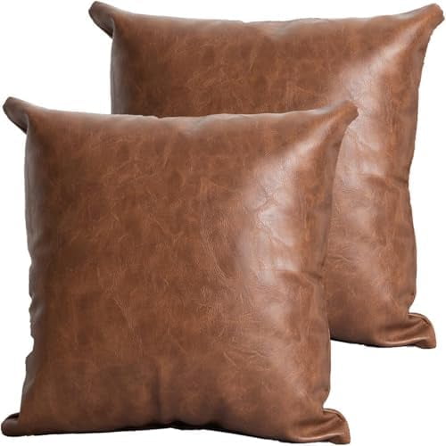Artificial Leather Pillow Case 18X18 Inch Set of 2 Brown Decorative Modern Throw Pillow Covers for Bedroom Living Room Sofa Car Cushion Cover