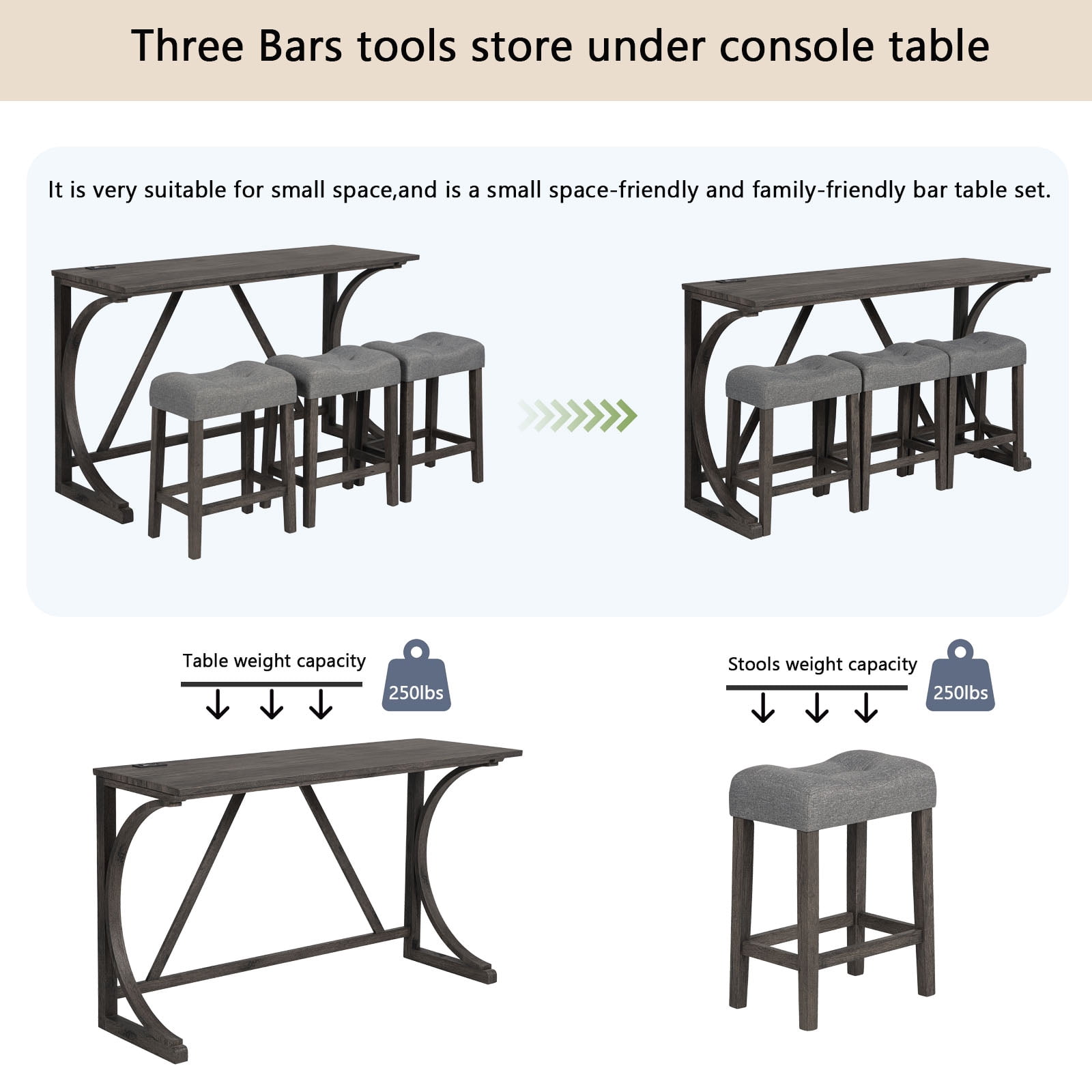Aukfa 4-Piece Bar Table and Chairs Set with Power Outlet, Dining Table Set with Padded Stools for Living Room, Dining Room, Gray
