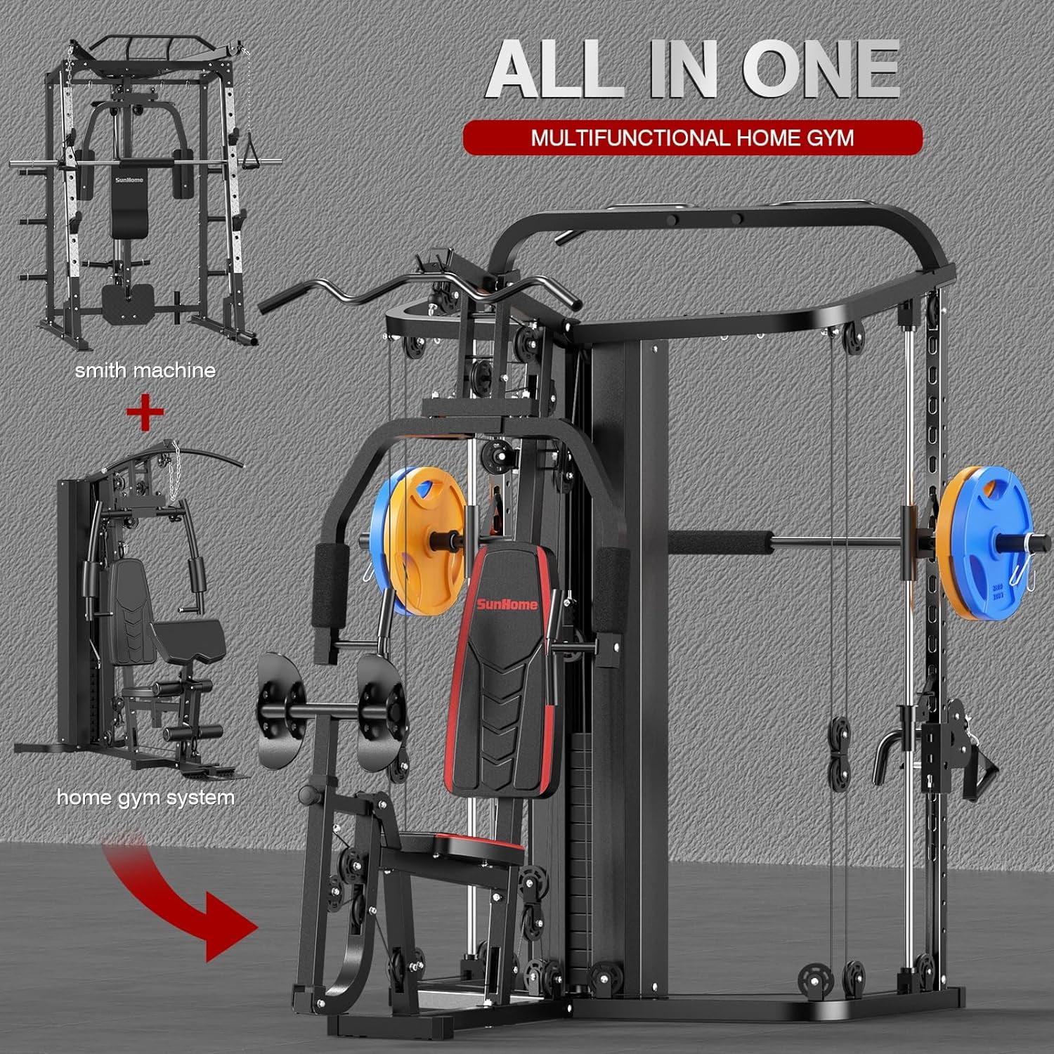 Sunhome Multifunction Home Gym System Smith Machine with 138 lb Weight, Build Muscle, 86.6"