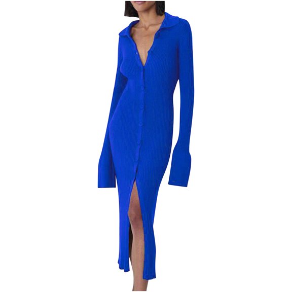 Lilgiuy Women's Autumn Long Sleeve V Neck Long Button Flare Sleeve Sweater Dress Blue 2022 Fall Winter