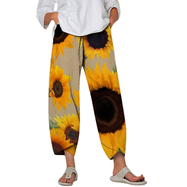 Women Elastic Waist Pants Floral Print Wide Leg Pants Casual