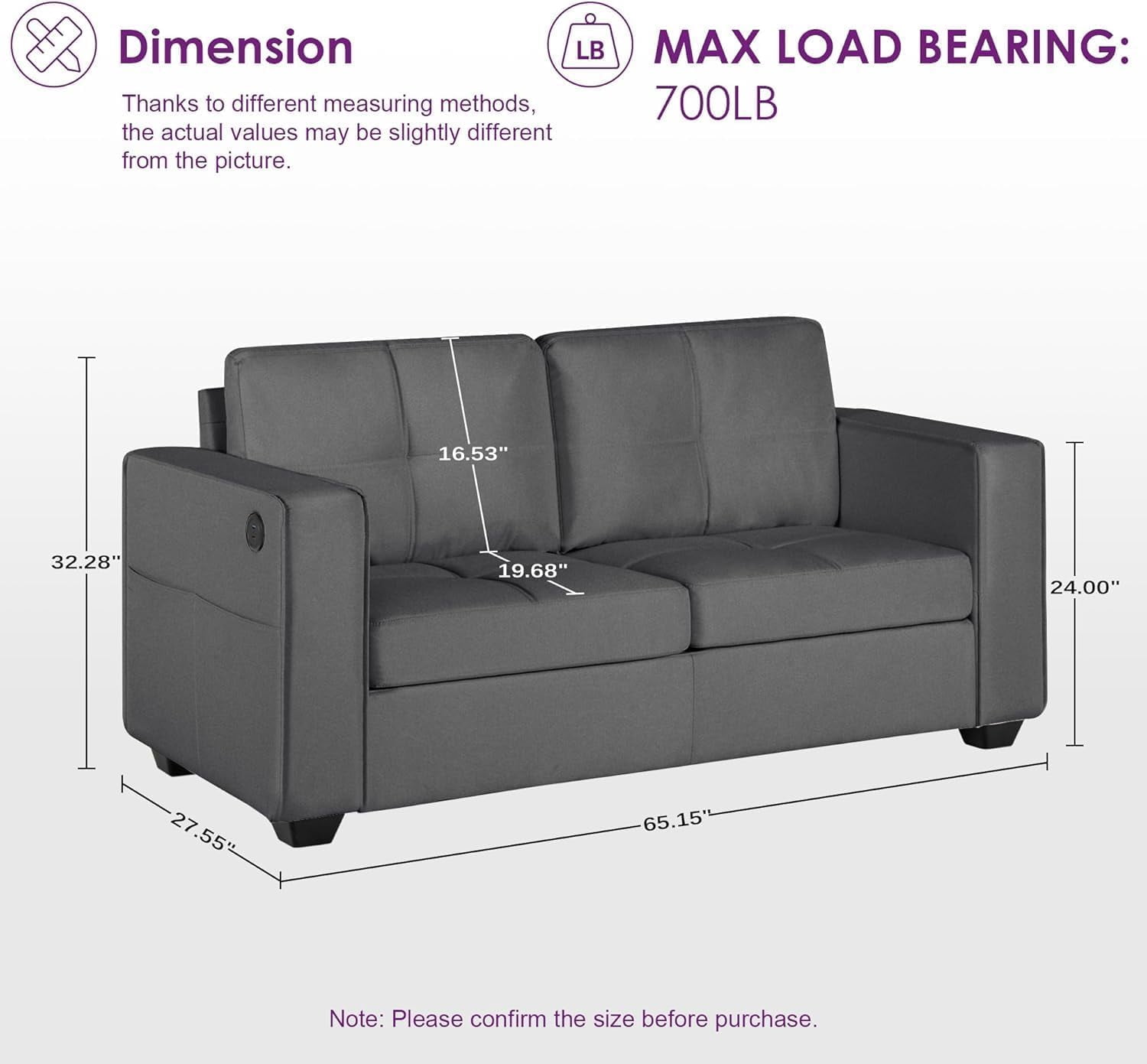 LAZZO 65" Loveseat Sofa with USB Charging Ports, 2-Seat Faux Leather Couch for Living Room & Office, Gray