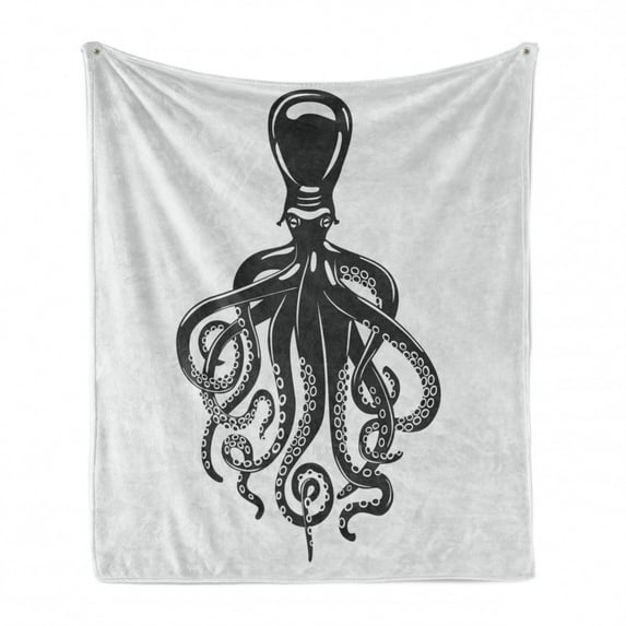 Octopus Soft Flannel Fleece Throw Blanket, Animal Contemporary Design Nautical Aquatic Character Illustration, Cozy Plush for Indoor and Outdoor Use, 50" x 70", Charcoal Grey White, by Ambesonne