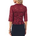 thumbnail image 3 of INSPIRE CHIC Women's Floral Lace Ruffle Hem Open Front Half Sleeve Lightweight Bolero Shrug XS Brown Red, 3 of 6
