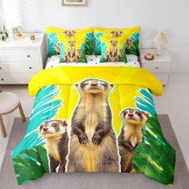 Homewish Cute Meerkat Family Bedding Comforter Set 7-Piece for Kids, Palm Plant Botanical King Bedding Sets, Cartoon Animal Reversible Bed Sheets, Microfiber Bedroom Decor