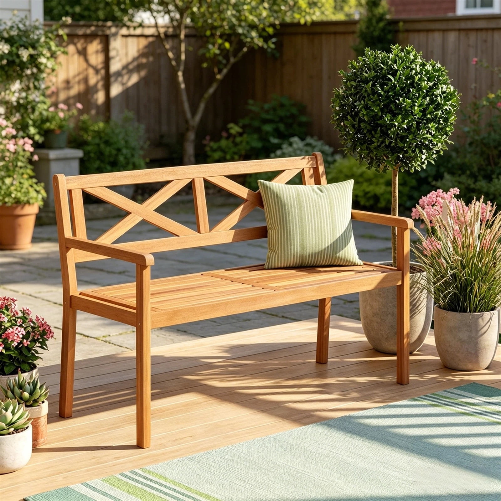 Hommoo 2-Person Patio Acacia Wood Bench, Garden Slatted Loveseat Chair Bench Lounge with Armrests and Backrest for Backyard, Natural