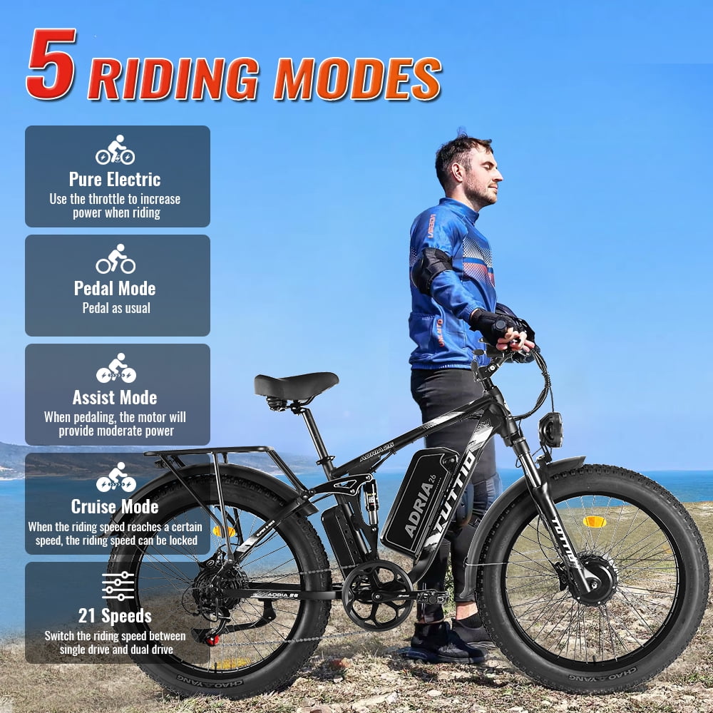 TUTTIO Adria26 Electric Mountain Bike for Adults Teen with Helmet, 5000W Men Off-Road Ebike, 26" Fat Tire Full Suspension Electric Bicycles, 7 Speed, 52V 30Ah Battery, Max 46Mph UL2849