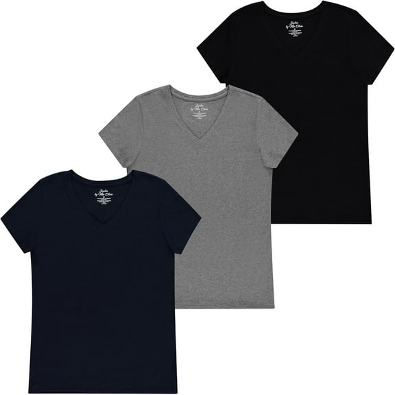 Sophia by Mia Olivia Women's Tailored Fit Short-Sleeve V-Neck T-Shirt, Pack of 3 Fashion Essential- Value Trio Versatile Styling Options for Professionals, Students and Moms Black. Navy, Charcoal