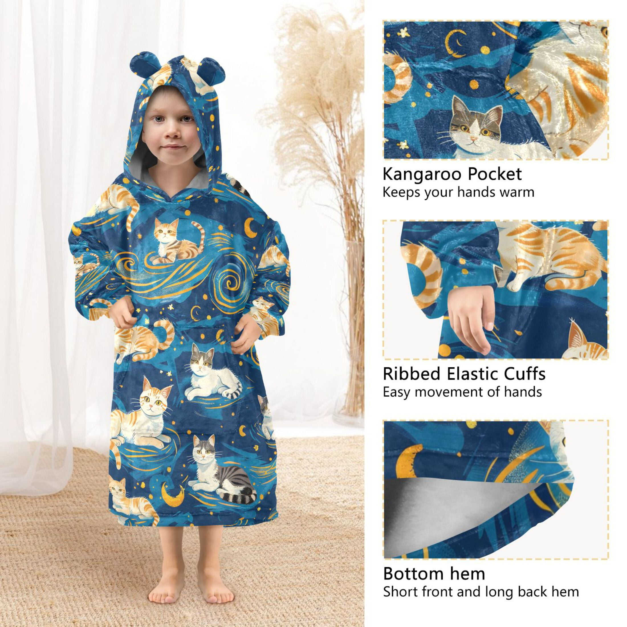 Dailycode Wearable Blanket Hoodie Oversized Sherpa Flannel Blankets with Pocket for 3-14 Year Old Cartoon Cats and Starry Sky