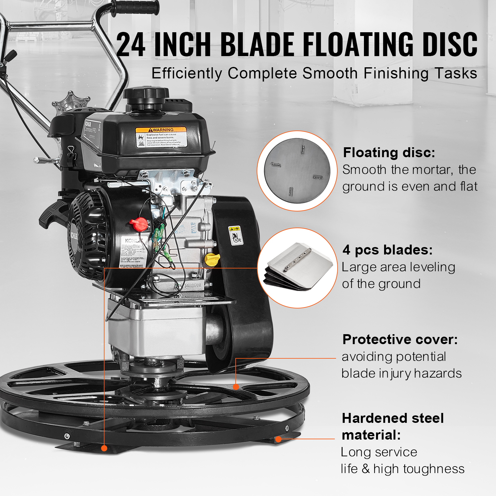 VEVOR Power Trowel, 24” Walk-Behind Cement Trowel with Float Pan, 6HP Gas-Powered Smooth Concrete Surface Finisher, Heavy Duty Commercial Screed Concrete Cement with Finishing Blade, Orange