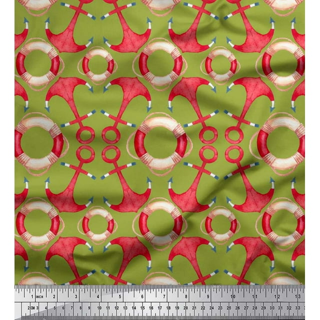 Soimoi Green Poly Georgette Fabric Life Ring & Anchor Hook Nautical Print Fabric by Yard 52 Inch Wide