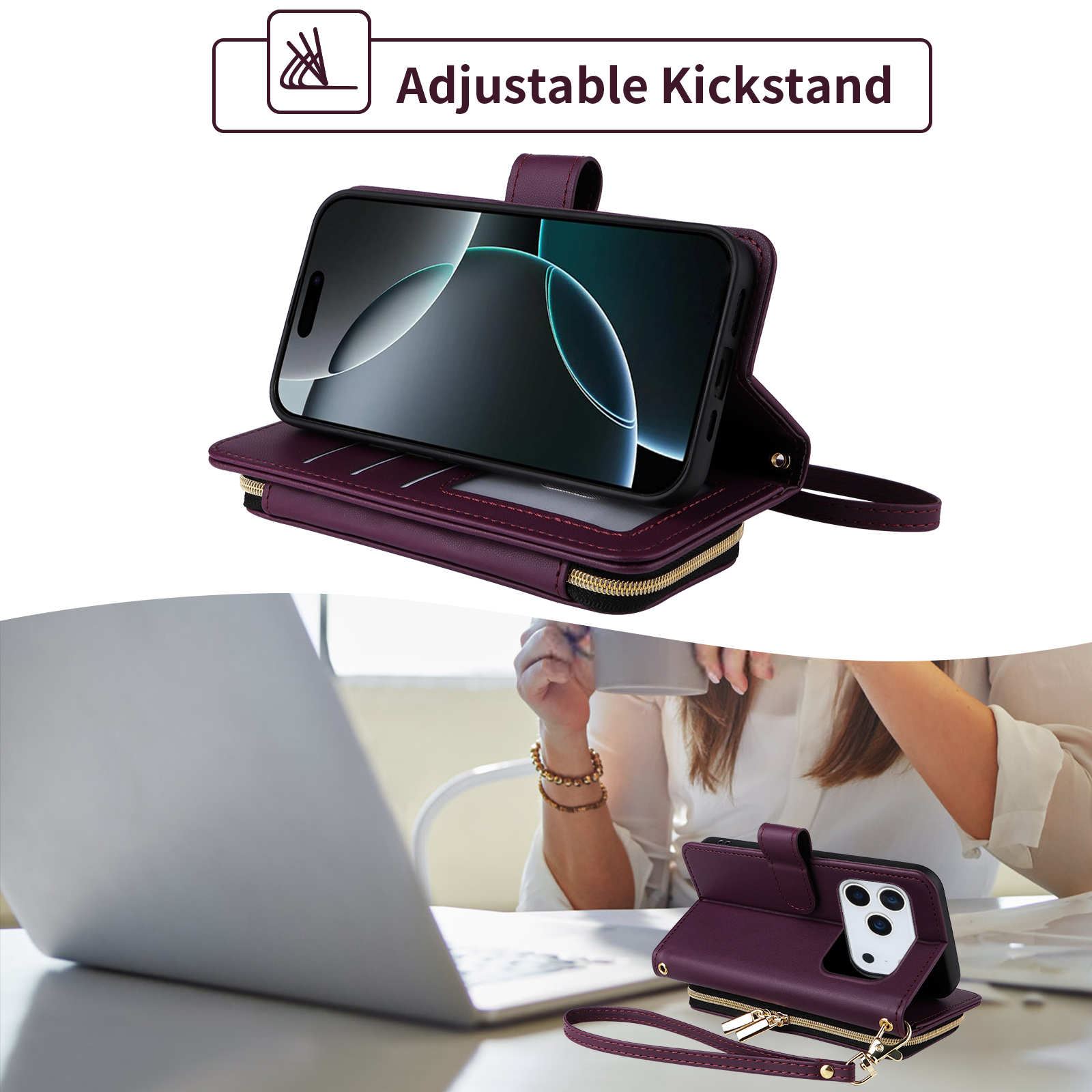 Furiet Argyle Wallet Case for iPhone 17 Pro Max 6.9 inch with Wrist/Shoulder Strap Card Slots Zipper Purse PU Leather Stand Phone Cover for i Phone17 17Pro i17 ProMax 17ProMax Women Girls Deep Purple