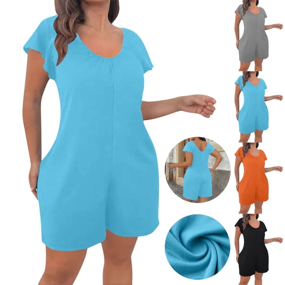 Frostluinai Plus Size Rompers for Women Summer Casual Short Sleeve Jumpsuits Scoop Neck Loose Fit One Piece Outfits with Pockets