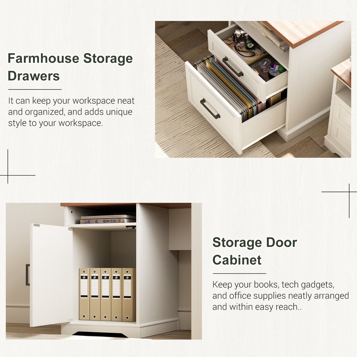 Homieasy L Shaped Executive Desk with File Drawers and  Power Outlets, Home Office Table with Storage Cabinet, Sturdy Writing Desk, White and Brown