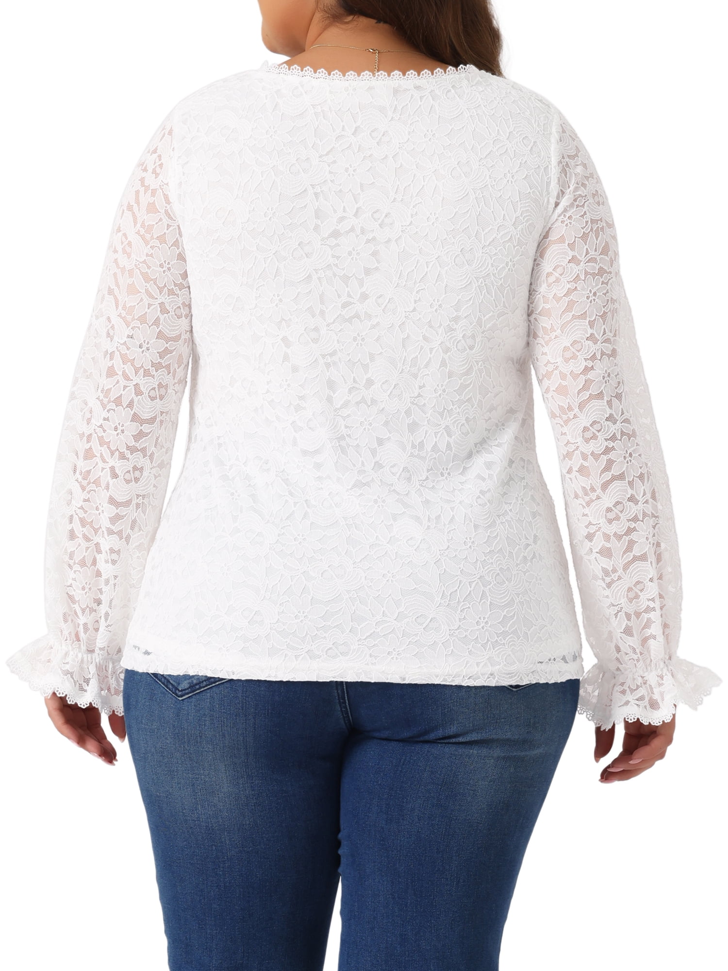 DARING DIVA Women's Plus Lace V Neck Long Sleeve Blouse 1X White