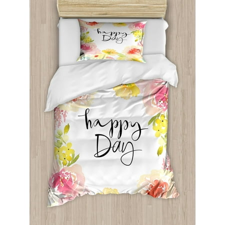 Twin Daisy Flowers Quote Duvet Cover Set Twin Size, Happy Day Lettering with Aquarelle Flowers Frame Roses and Daisies Feminine Design, Decorative 2 Piece Bedding Set with 1 Pillow Sham, Multicolor, by Ambesonne ()