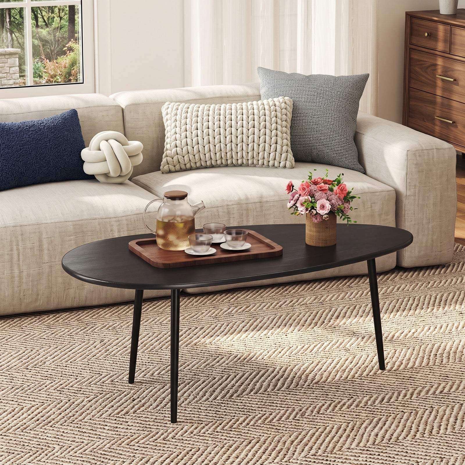 Furnibear Oval Coffee Table Mid Century Center Table with Sturdy Metal Frame, Open Storage Shelf & Adjustable Foot Pads for Living Room, Hallway & Lounge, Black