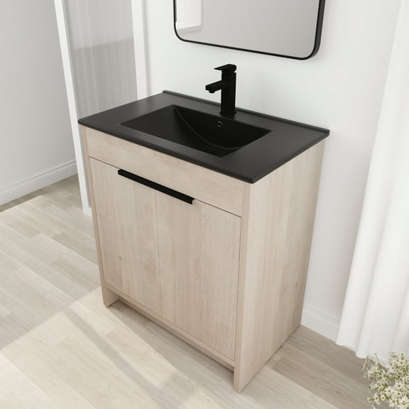 Holaki 30 Inch Freestanding Bathroom Vanity with Black Ceramic Sink & 2 Soft-Close Cabinet Doors, Plain Light Oak